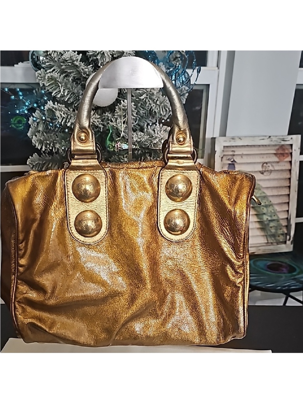 Gucci Metallic Gold Hawaii Exclusive Leather Tote Bag with Embossed Medallions